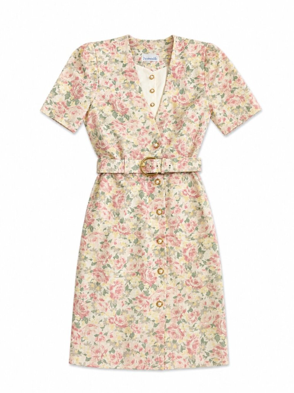 Vintage Floral Button-Front Belted Midi Dress - Pink & Cream